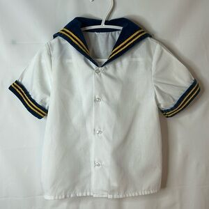 Nautical baby sailor shirt button up size approx 12-24 mths velour collar sleeve